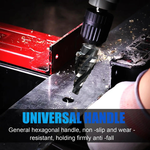 Four Spiral Flute M35 Cobalt Step Drill Bit Set One Quarter Inch Shank drilling metal surface with hexagonal handle