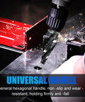 Cobalt Step Drill Bit Set 1/4 To 3/4 Inch With 1/4 Inch Hex Shank, 9 Sizes, installed drilling metal plate with spiral flute design.