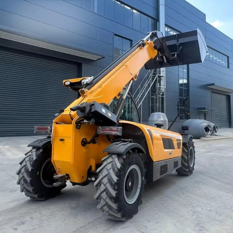Powerful Industrial Telehandler Forklift Featuring Auto Leveling Boom And All Terrain Capability with elevated bucket and rugged tires.