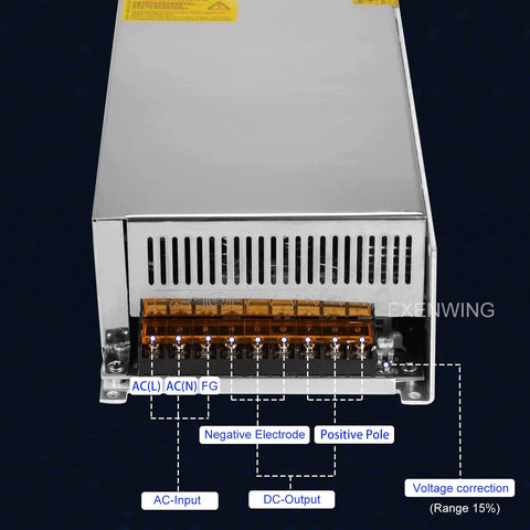 Universal 12V 83A 1000W Switch Mode Power Supply Converter with labeled input and output ports, front view.