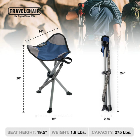 Slacker Tripod Camp Chair With Lightweight Frame, Oversized Duck Feet For Stability, shown unfolded and folded, blue.