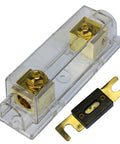 Gold Plated ANL Fuse Holder Inline Fuse Block for 1/0 AWG In And Out with brass hardware and clear protective housing