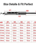 Diagram showing dimensions of Square Hole Drill Bit Set For Woodworking, 7 Piece Mortising Chisel Bits in various sizes.