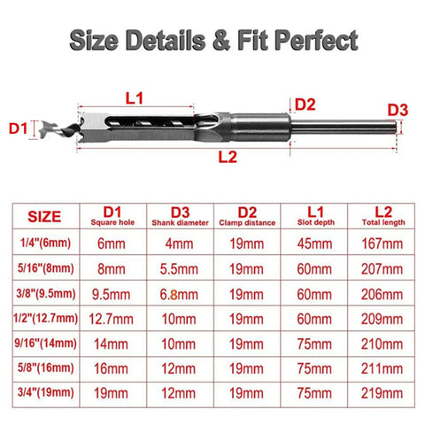 Diagram showing dimensions of Square Hole Drill Bit Set For Woodworking, 7 Piece Mortising Chisel Bits in various sizes.