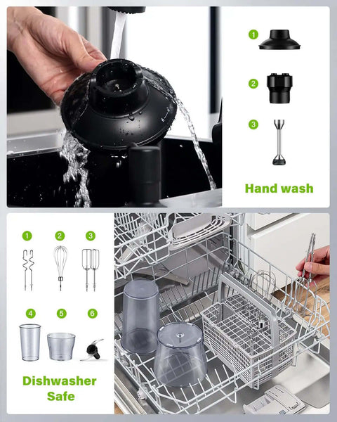Heavy Duty 6 In 1 Immersion Blender With 1000W Copper Motor and 20 Speeds being rinsed under water, showing clean parts.