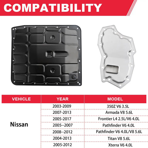 Durable Transmission Oil Pan With Drain Plug And Automatic Transmission Filter Kit for Nissan models compatibility chart