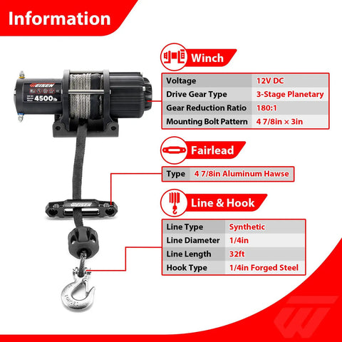 WeiSen 4500lb Electric Winch Kit With Remote For Polaris RZR XP 1000 And General Models, featuring synthetic rope and aluminum fairlead.