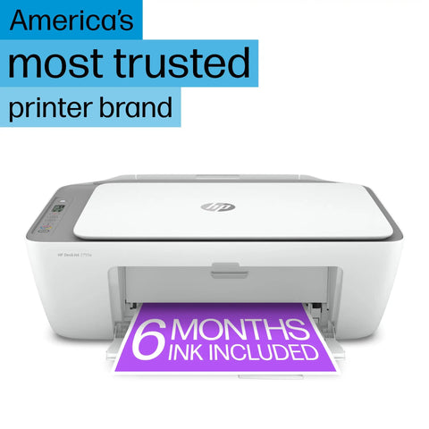 Front view of DeskJet 2755e Wireless Color Inkjet Printer With Scan Copy Easy Setup Mobile Printing Great For Home Use 1200 DPI Color Printing 60 Sheet Input Includes 6 Month Instant Ink Trial White with paper tray open