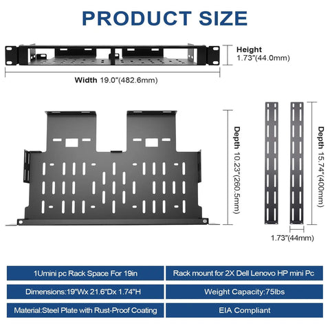 Heavy Duty Dual Mini PC Rack Mount With Hinged Steel Shelf And Hand Twist Screws Saves Prime Rack Space Fits Standard 19 Inch One U Cabinets dimensions and specs on product display.