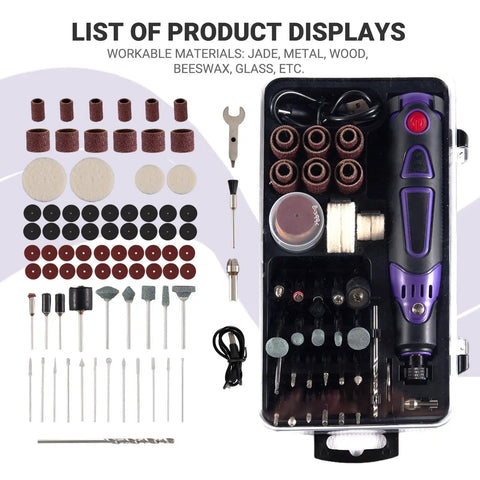 All In One Rechargeable Cordless Engraving Pen Kit With 82 Accessories for etching various materials, shown in case.