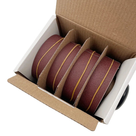 Emery Cloth Roll With Dispenser 6 Meters Long 4 Grits Assorted Sand Paper For Wood Metal Automotive Finishing Aluminum Oxide Abrasive Sheets 150 240 320 400 Grits Per Roll Beefed Up Sanding Set in open box showing four rolls.