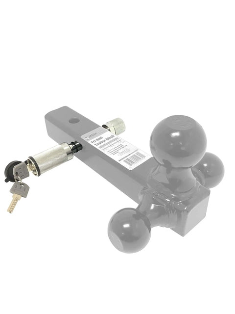 Heavy Duty Trailer Hitch Lock 5 By 8 Inch Receiver Pin With Two Keys Chrome Finish, Locking Hitch Pin shown on a hitch