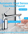 Hands Free Sensor Bathroom Faucet, Dual Temperature And Low Flow Water Control with single handle and chrome finish. 