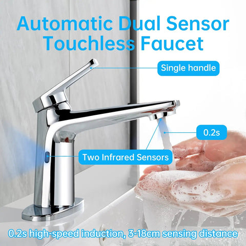 Hands Free Sensor Bathroom Faucet, Dual Temperature And Low Flow Water Control with single handle and chrome finish. 