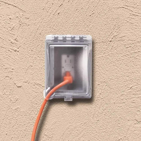 Extra Duty 1 Gang Recessed Weatherproof In Use Electrical Outlet Cover With Nonmetallic Construction installed on stucco wall