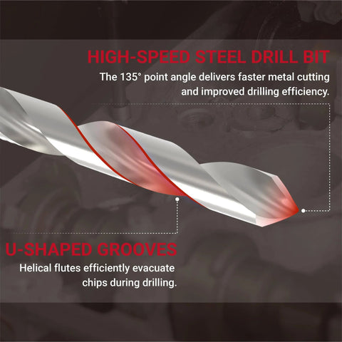 High-speed steel drill bit with U-shaped grooves used in 3/8-16 Helicoil Thread Repair Kit With HSS Drill Bit, Thread Inserts.