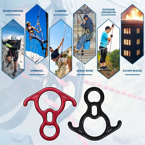 50KN Rescue Figure Belay Device For Rock Climbing Built Tough With Bent-Ear Descender, two color options shown, and climbing uses.
