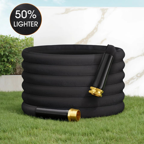 Haeteir 100ft non-expanding garden hose, black with brass fittings, lightweight, Amazon brand