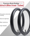 Go To 16 Inch Bike Inner Tubes Pack with 2 Durable AV32mm Schrader Valve Tubes, displayed with features listed on side.