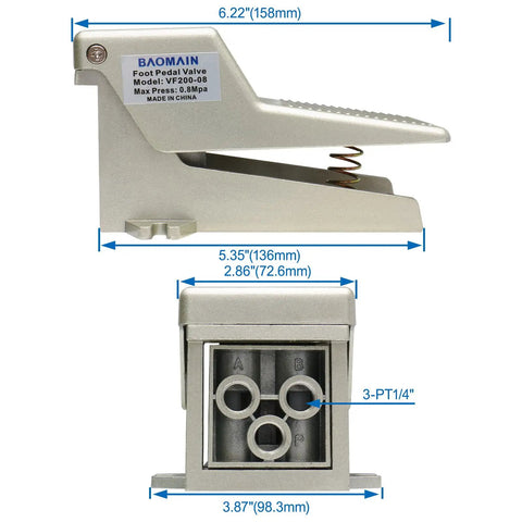Pneumatic Foot Pedal Valve VF200 2 Position 3 Way Momentary Foot Switch With Metal Body And Mufflers Port Size One Quarter Inch For Controlling Single Acting Cylinders And Pneumatic Actuators