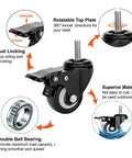 Illustration showing the features of Two Inch Stem Caster Wheels With Safety Dual Locking Brakes Heavy Duty Swivel Casters 600 Pound Capacity Threaded Stem Size Three Eighths By Sixteen By One No Noise Set Of Four For Heavy Duty Trolleys And Equipment Use.