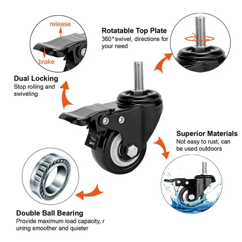 Illustration showing the features of Two Inch Stem Caster Wheels With Safety Dual Locking Brakes Heavy Duty Swivel Casters 600 Pound Capacity Threaded Stem Size Three Eighths By Sixteen By One No Noise Set Of Four For Heavy Duty Trolleys And Equipment Use.
