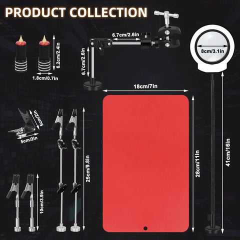 Dimensions and components of Magnetic Third Hand Soldering Station With Four Arms And 12 Inch Reach Waterproof Steel Weighted Base