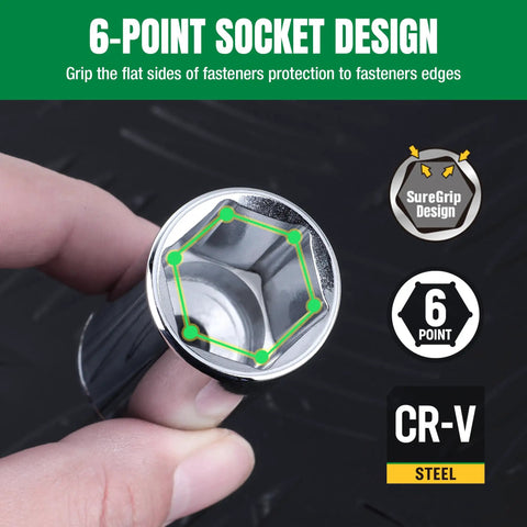Hand holding 6-point socket, part of 3/8 Inch Drive Deep Socket Set, SAE 13-Piece 1/4 To 1 Inch, SuperKrome Finish, Chrome Vanadium.