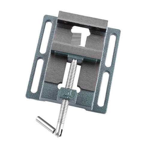 Sorandy Heavy Duty 4 Inch Drill Press Vise Made From Cast Iron With Heightened Jaw And Guide Rod For Smooth Operation, top view with jaw and threaded spindle.