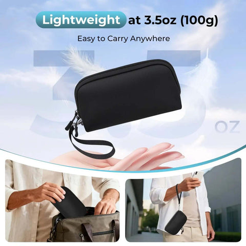 Travel Ready Featherweight Tech Stash With Grab Handle For Cable Caddy And Charger Pouch Water Repellent Gear Bag held in hand.