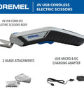 Dremel 4V Cordless Electric Scissors With USB Rechargeable Battery And Two Sharp Hssc Blades for cutting cardboard fabric and paper effortlessly.