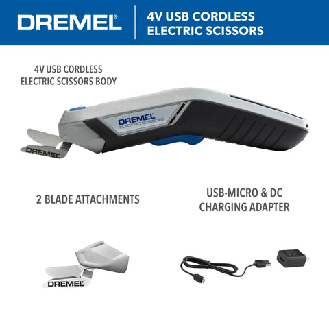 Dremel 4V Cordless Electric Scissors With USB Rechargeable Battery And Two Sharp Hssc Blades for cutting cardboard fabric and paper effortlessly.