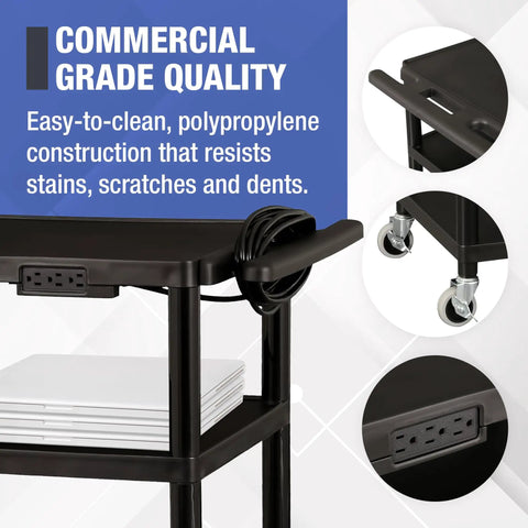 Mobile AV Cart With Power Strip And Casters, Rolling Presentation And Media Cart On Wheels in black, featuring close-up of power strip and casters.