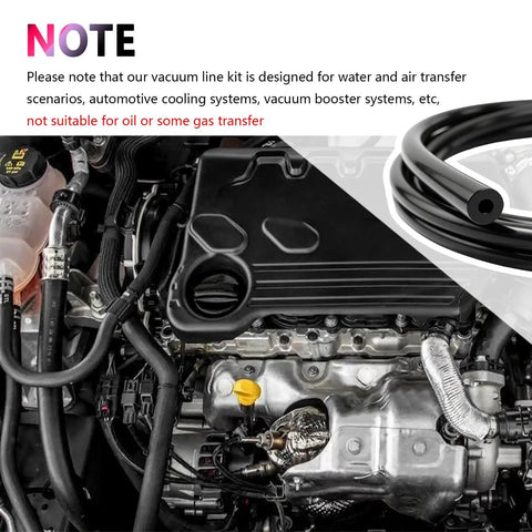 Engine with Six Piece Five Foot Vacuum Line Kit For Automotive Silicone Hoses With Sixty Four Connectors In Six Inner Diameters