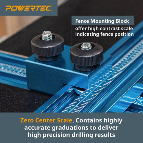 Close-up of fence mounting block with high contrast scale for 16 Inch By 24 Inch Drill Press Table Setup Kit with Pro Grade Fence.
