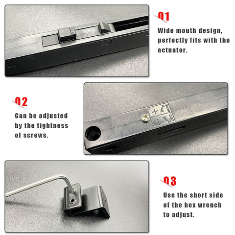 Close-up of Stainless Steel Barn Door Soft Close Mechanism Kit With Adjustable Tension Spring Damper And Included Actuator Spacers, Hole Free No Drilling For Flat Track Doors Weighing 77 To 132 Pounds, Easy Install, 2 Pack showing adjustment details.