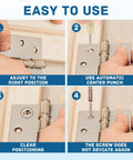 Steps showing use of Automatic Center Punch Kit Two Piece Spring Loaded Center Marker Tool Heavy Duty Steel on a door hinge.