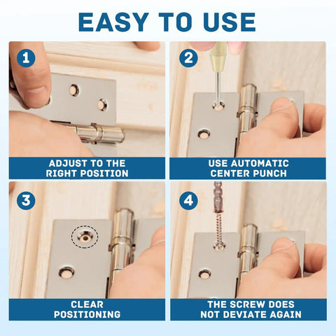 Steps showing use of Automatic Center Punch Kit Two Piece Spring Loaded Center Marker Tool Heavy Duty Steel on a door hinge.