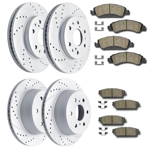 Front And Rear Drilled And Slotted Brake Rotors With Ceramic Pads Kit For Cadillac Escalade, GMC Yukon, Chevy Silverado 1500, Tahoe