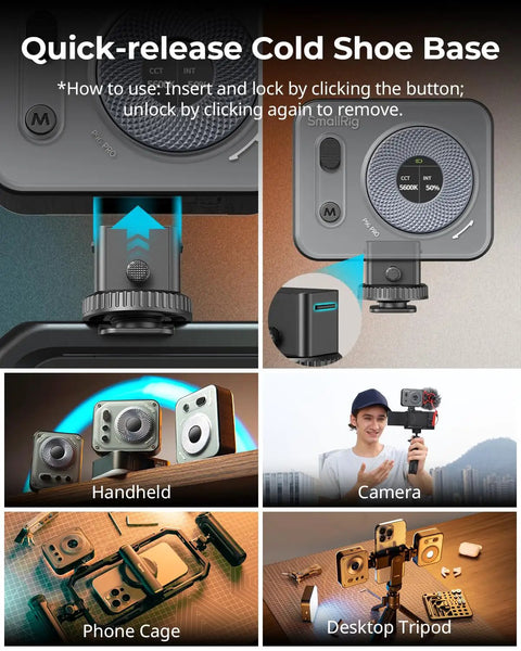 Vibe P96 Pro LED Video Light For Camera, showing quick-release cold shoe base and various mounting options.