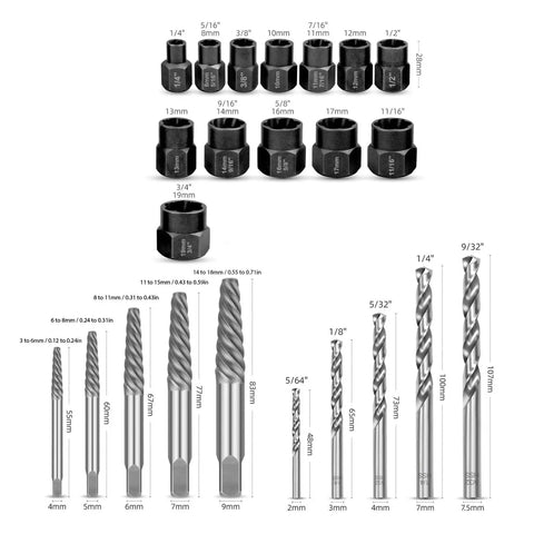 Rock solid 28-Piece Heavy-Duty Screw Extractor Set For Stripped And Rusty Bolts. heat-treated metal extractors and drill bits, size chart shown