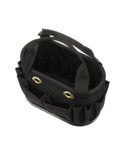 Hard-Body Oval Tool Bucket With Drain Holes And 29 Pockets, Pro Grade Rugged Denier Polyester Organizer, top view showing pockets