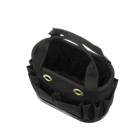 Hard-Body Oval Tool Bucket With Drain Holes And 29 Pockets, Pro Grade Rugged Denier Polyester Organizer, top view showing pockets