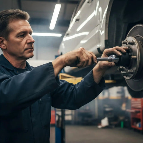 Mechanic using Ford 4 Lug Rear Axle Nut Socket Wrench For F Series Trucks Ten And A Half Inch Spindle Nut on vehicle