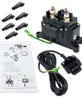 Heavy Duty 12V 250A Winch Solenoid Relay Contactor With Rocker Thumb Switch Handlebar Control Kit For ATV UTV Recovery, 3000 Lbs To 5000 Lbs Winch Kit components including wiring diagram, rocker switch, and rubber protectors