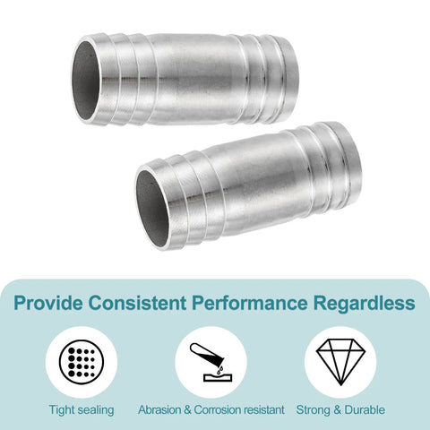 Two Pack One And One Eighth Inch Hose Barb Equal Pipe Fittings Made From 304 Stainless Steel Adapters For Vacuum Systems Industrial Connections And Pneumatic Equipment Heavy Duty, shown in side view