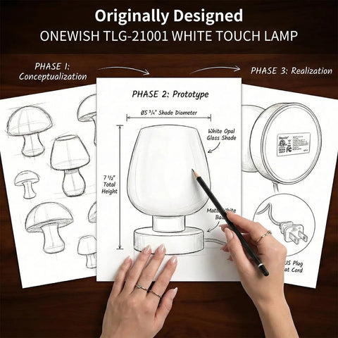 Design sketches of Compact Bedside Lamp With 3 Way Dimmable Touch Control, 600 Lumens Opal Glass Shade, 7.5 Inch Nightstand Light.