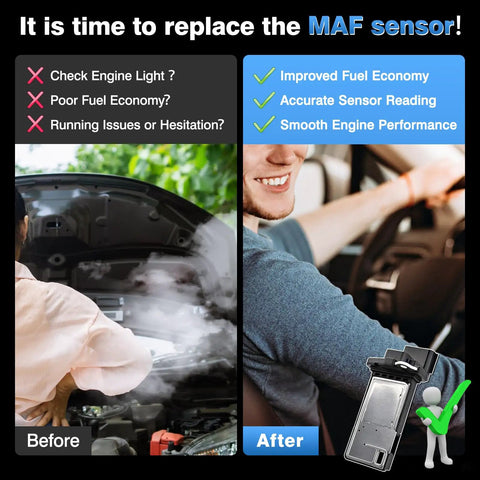 Before and after comparison showing Heavy Duty Mass Air Flow Sensor Meter Replacement 22680 7S000 for Nissan and Infiniti vehicles.