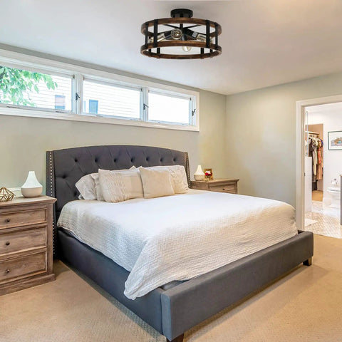 Modern Farmhouse Wood Drum Semi Flush Mount Ceiling Light Fixture With Industrial Black Metal Trim illuminating a bedroom