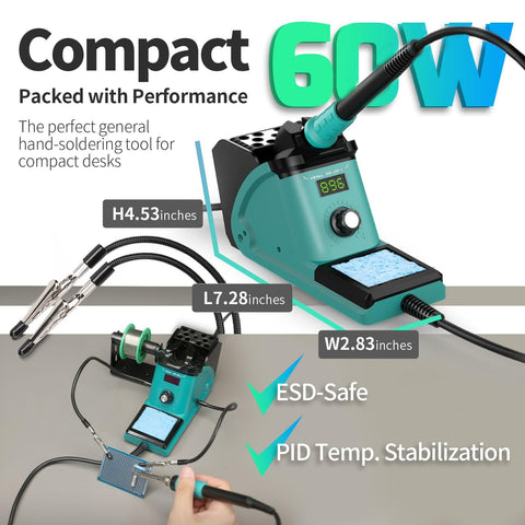 Soldering Iron Station Kit With 60W Soldering Iron, PID Temperature Control, ESD Safe, shown compact with measurements